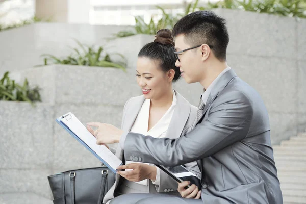Asian Young Businessman Suit Pointing Business Contract Examining Together His — Stock Photo, Image