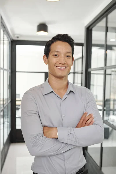 Cheerful Successful Young Vietnamese Businessman Folding Arms Looking Camera — Stock Photo, Image