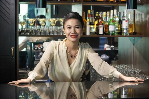 Portrait Smiling Pretty Restaurant Owner Standing Bar Counter — Stock Photo, Image