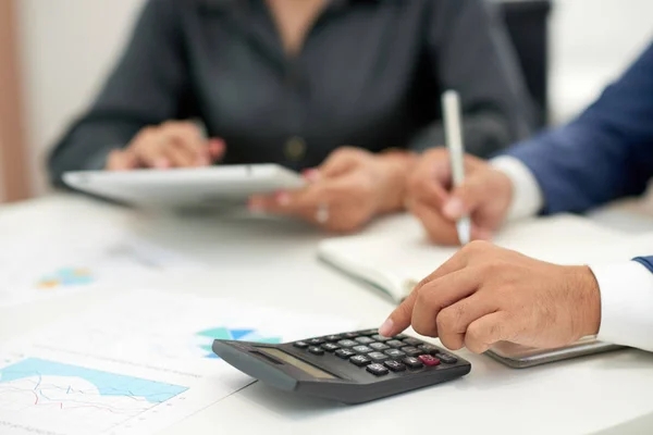 Close Businessman Sitting Office Desk Financial Graphs Calculating Incomes — Stock Photo, Image