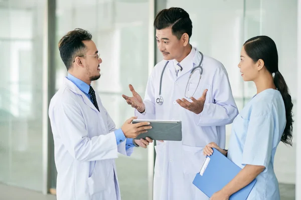 Vietnamese Arts Het Bespreken Van Gegevens Tablet Scherm Met Collega — Stockfoto