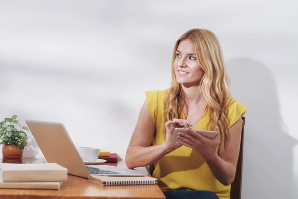 Pensive Pretty Female Student Sitting Table Covered Many Books Working — Stock Photo, Image