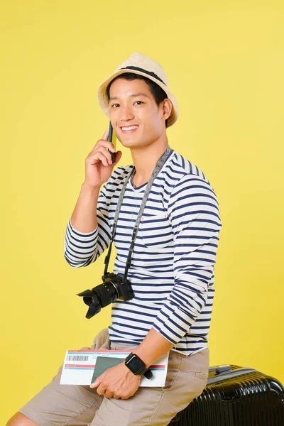 Smiling Young Vietnamese Man Panama Hat Sitting Suitcase Plane Ticket — Stock Photo, Image