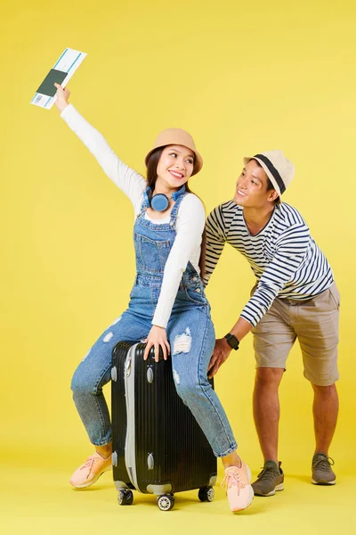 Happy Young Asian Travelers Suitcase International Passport Plane Ticket Yellow — Stock Photo, Image