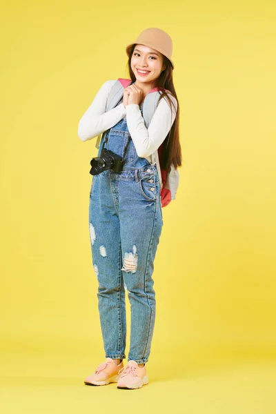 Portrait Cute Young Vietnamese Woman Denim Overall Digital Camera Backpack — Stock Photo, Image
