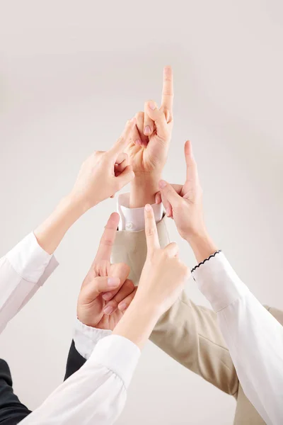 Close Group Young People Raising Fingers Pointing Together — Stock Photo, Image