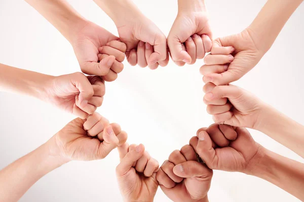 Close People Making Circle Arms Clenching Fists Isolated White Background — Stock Photo, Image