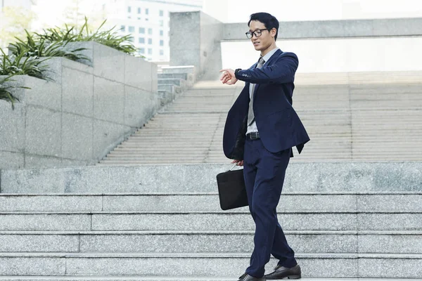 Handsome Young Successful Businessman Walking Outdoors Briefcase Checking Time His — Stock Photo, Image