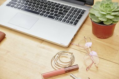 Saksıda çiçek ve aksesuarlı dizüstü bilgisayarın yakın çekim ofisi ahşap masada