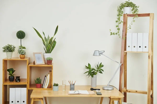 木製のテーブルとメモ帳と棚の緑の植物の異なる種類と現代の職場のイメージ — ストック写真