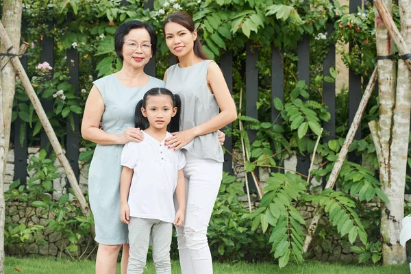 Portrait Asian Family Generation Standing Outdoors Smile Green Trees Background — Stok Foto