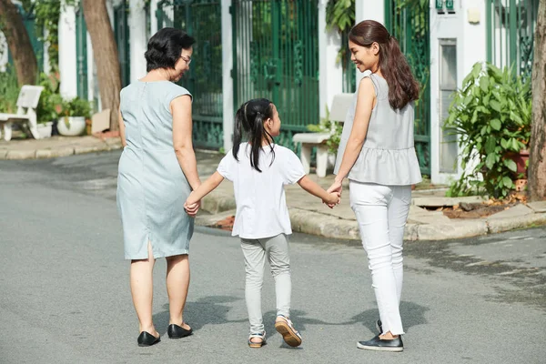 亚洲三口之家手牵手 在城市中一起行走的后视图 — 图库照片