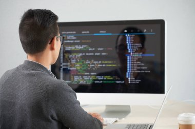 Bilgisayar monitörü önünde masada oturan ve ofiste yeni bir uygulama geliştiren genç programcının arka görünümü