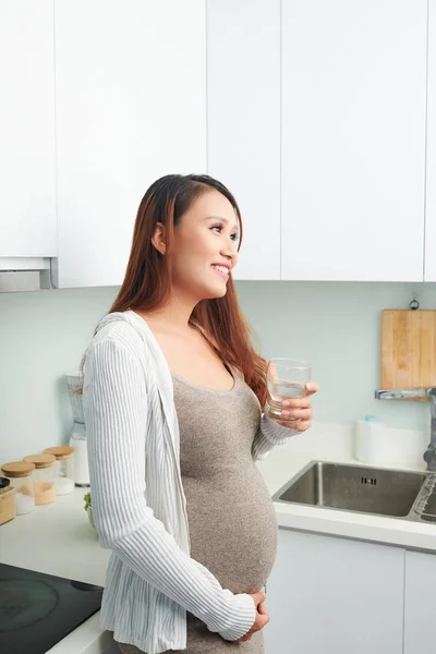 微笑的怀孕年轻的亚洲妇女喝一杯葡萄酒在厨房 — 图库照片