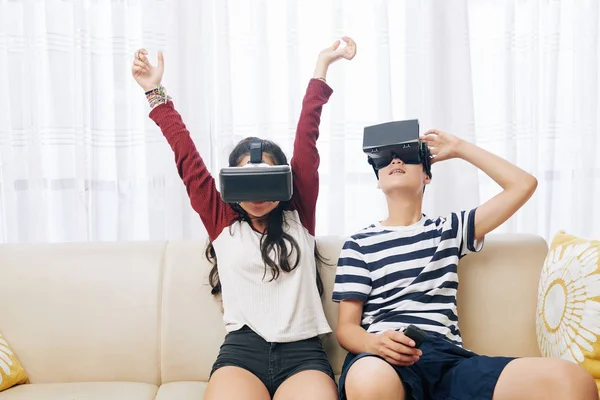 Brother Sister Sitting Sofa Home Testing New Video Game Virtual — Stock Photo, Image