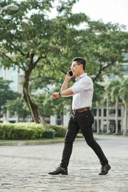 Gözlüklü mutlu genç kendinden emin Vietnamlı adam açık havada yürüyüş ve telefonla arama