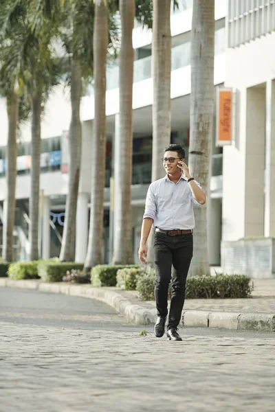Vrolijke Knappe Jonge Aziatische Man Wandelen Straat Bellen Telefoon — Stockfoto