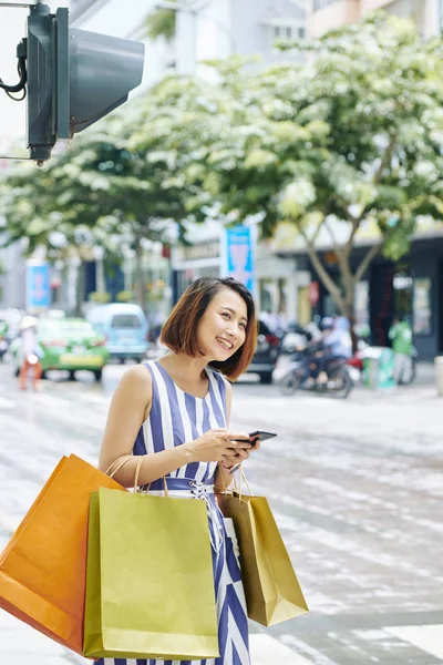 Mutlu Asya Shopaholic Cep Telefonu Kullanarak Kağıt Alışveriş Poşetleri Tutan — Stok fotoğraf