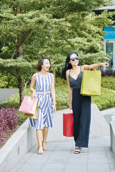 サングラスをかけたアジアの若い女性が買い物袋を運び 公園を歩いている間に友達と笑いながら何かを指差す — ストック写真