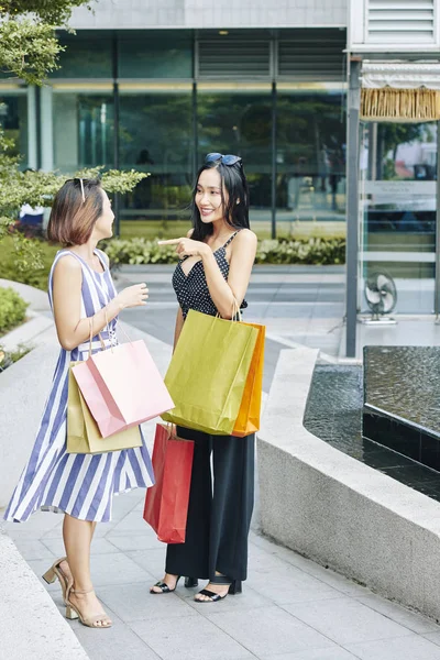 Sorrindo Mulher Asiática Com Sacos Compras Encontrando Seu Amigo Cidade — Fotografia de Stock