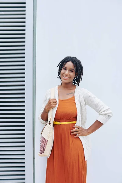 Portrait African Fashion Woman Orange Dress Smiling Camera While Standing — Stock Photo, Image