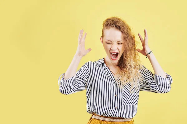Stressed Desperate Young Woman Shouting Anger Isolated Yellow — Stock Photo, Image