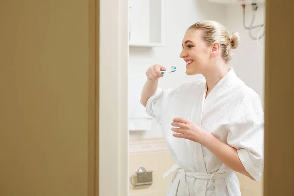 Happy Lovely Young Woman Bath Robe Brushing Teeth Morning — Stock Photo, Image