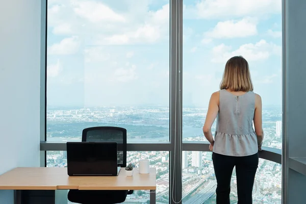 年轻女企业家从她办公室的全景窗户后面眺望大城市时的后视镜 — 图库照片