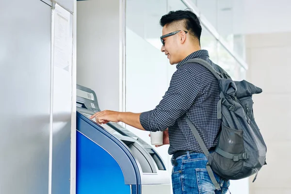 Smiling University Student Using Atm Cash Terminal Withdraw Money Credit — Stock Photo, Image