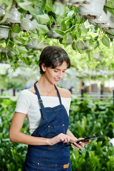 Leende Kvinnlig Plantskola Trädgårdsägare Med Hjälp Nfs Enhet Fäst Vid — Stockfoto