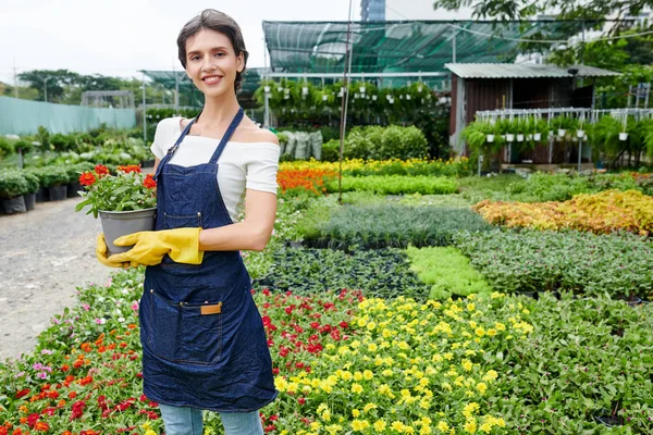 手に花のポットと保育園に立ってかなり陽気な若い女性の肖像画 — ストック写真