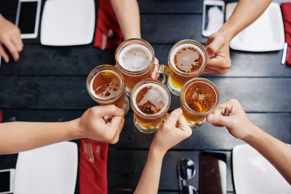 High Angle View Young People Holding Glasses Beer Celebrating Bar — Stock Photo, Image