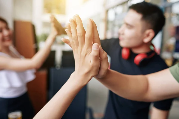 Close Young People Greeting Each Other Giving High Five Each — Stock Photo, Image