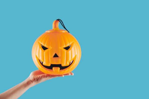 Hand Person Holding Plastic Spooky Jack Latern Lamp Halloween Celebration — Stock Photo, Image