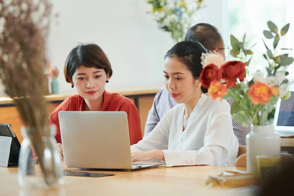 Two Asian Women Sitting Table Looking Monitor Typing Laptop Computer — Stock Photo, Image