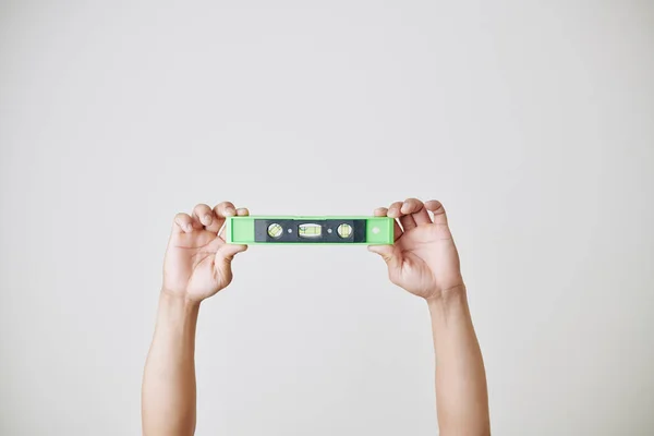 Hands Repairman Showing Professional Folding Spirit Level — Stock Photo, Image