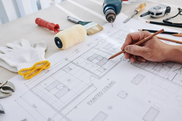 Construction Engineer Making Final Corrections Building Blueprint Checking Size Every — Stock Photo, Image