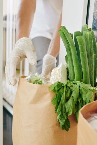 彼女が注文したように彼女はポーチから食料品袋を取っている人の手袋をした手無料配達 — ストック写真