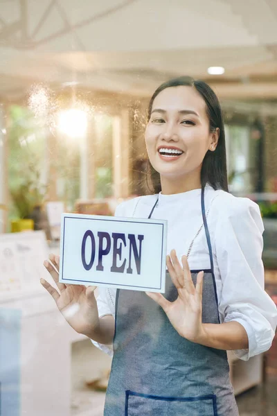 Happy Excited Young Vietnamese Waitress Opening Cafe Morning — Stock Photo, Image