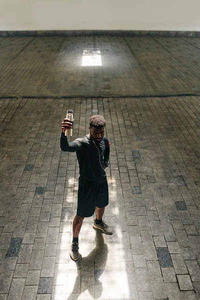 Confident Proud Sportsman Raising Hand Bottle Water Finishing Training — Stock Photo, Image