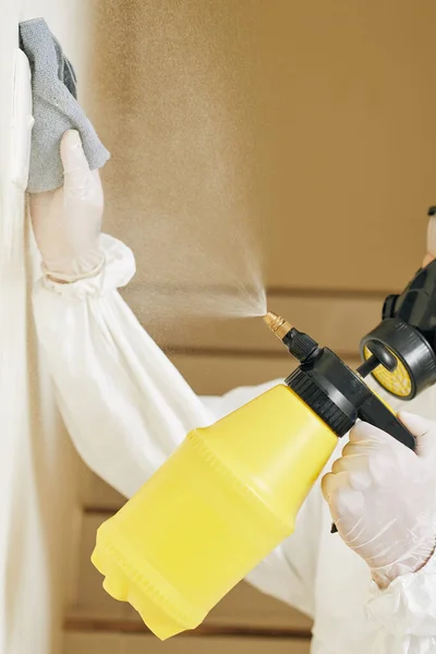 Close Image Worker Protective Suit Rubber Gloves Cleaning Light Switch — Stock Photo, Image