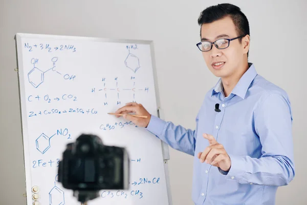 Science School Teacher Talking Camera Office Recording Chemistry Lesson — Stock Photo, Image