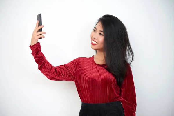 Mujer Asiática Guapa Tomando Foto Selfie Cámara Del Teléfono Inteligente —  Fotos de Stock