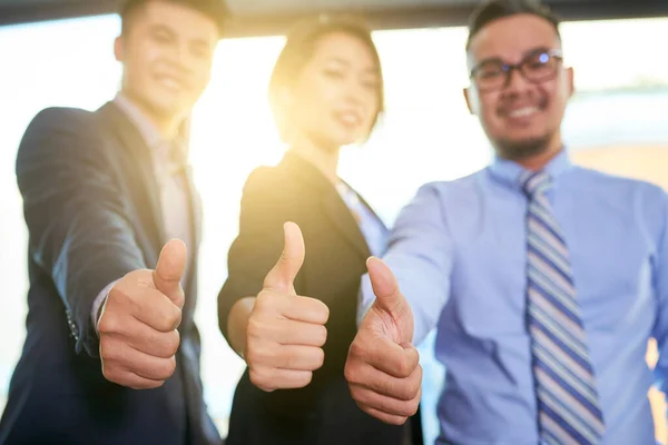 Drie Moderne Zakenmensen Met Duim Omhoog Gebaar Glimlachend Naar Camera — Stockfoto