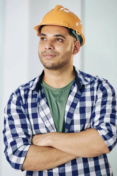 Talje Skudt Unge Voksne Bygningsingeniør Iført Ternet Skjorte Beskyttende Hardhat - Stock-foto