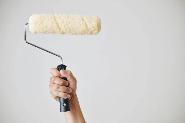 Construction Worker Holding Fluffy Roll Using Application Paint Wall — Stock Photo, Image