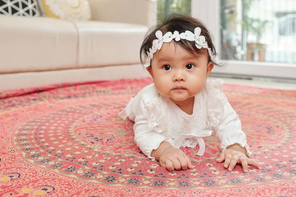 Adorable Little Vietnamese Baby Girl Crawling Carpet Living Room — Stock Photo, Image