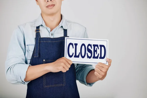 Cropped Image Sad Young Coffeeshop Owner Showing Closed Sign — Stock Photo, Image
