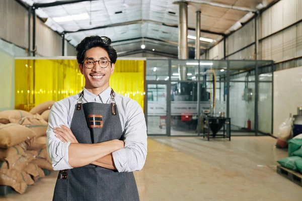 Portrait Happy Coffee Roastery Owner Apron Standing Arms Folded Smiling — Φωτογραφία Αρχείου