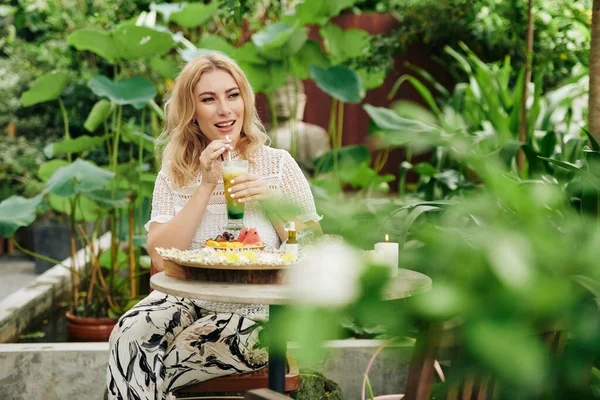 Beautiful Young Woman Enjoying Delicious Food Outdoor Cafe Many Plants — Stock Photo, Image